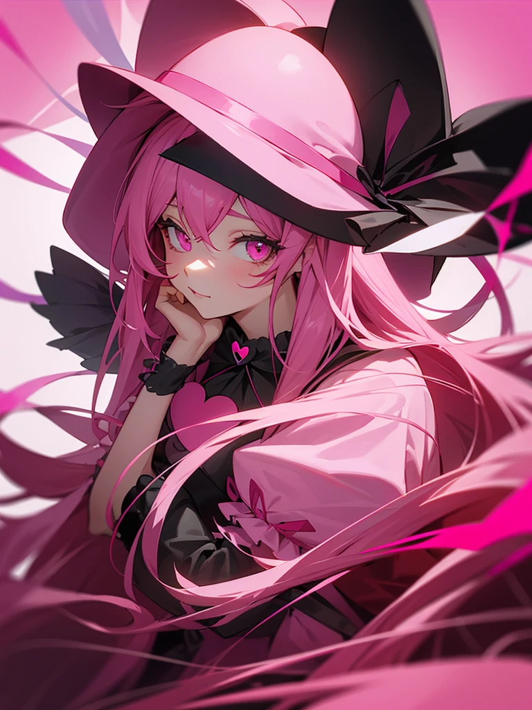 Pink long hair, black hat, pink eyes, gift, pink outfit, heart