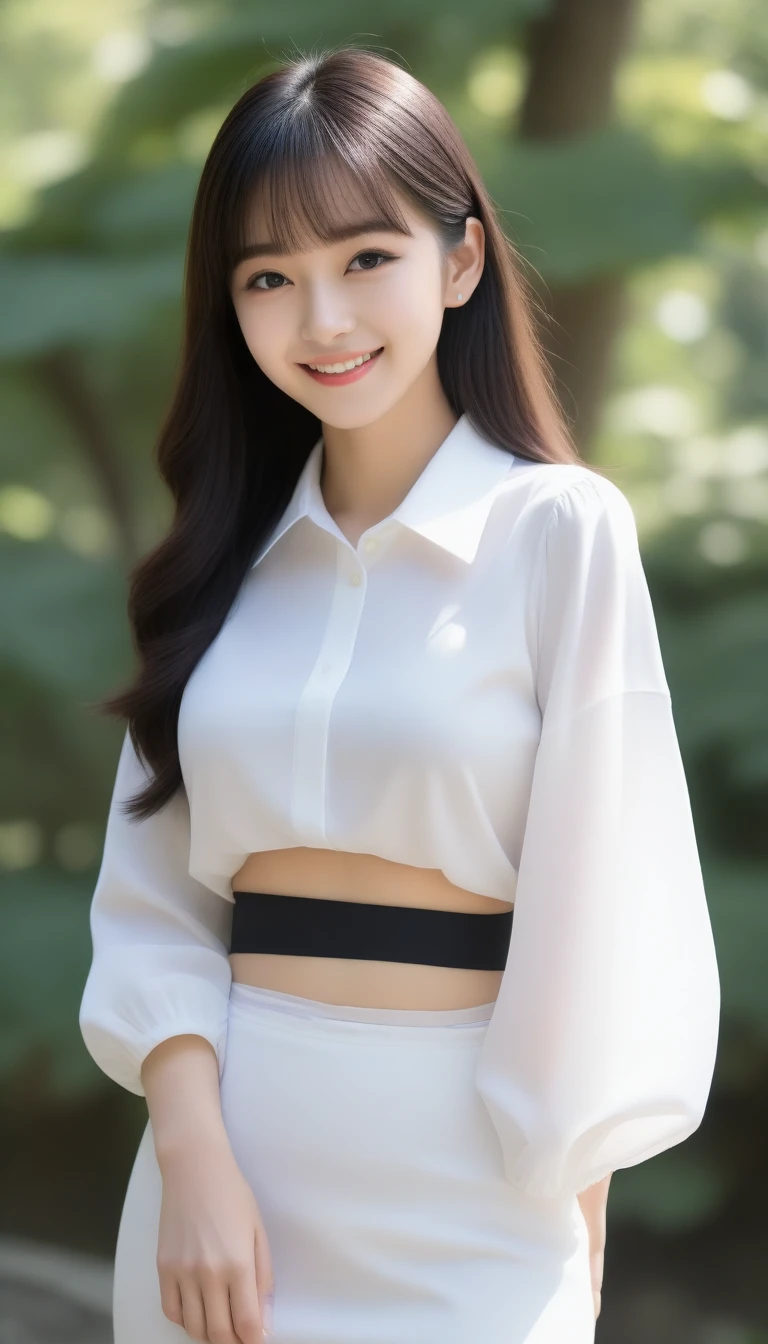 8K, Ultra-high resolution, Highest quality, masterpiece, 三分割法によるphotograph,Surreal, photograph, 1 Girl, (s old:1.3), pretty girl, Cute face, Beautiful eyes in every detail, 細かくdetailedに,masterpiece,, One Girl:1.2, Japan Female Announcer,whole body、Black Hair、well-groomed eyebrows、Cute Lip Makeup,garden,erupt,summer,Shining sunlight,Blouse with collar,Pencil Skirt,Cute gestures、so beautiful,A carefree smile,Heal the heart,Blunt bangs,Looking at the audience、beauty,Long neck、Laugh a little、Please close your mouth and laugh、(((Ideal body type))),A cup small breasts :2,、Portraiture:2、Perfect Anatomy、鮮明なdetailed、detailed、Surreal、Light and shadow,Strong light