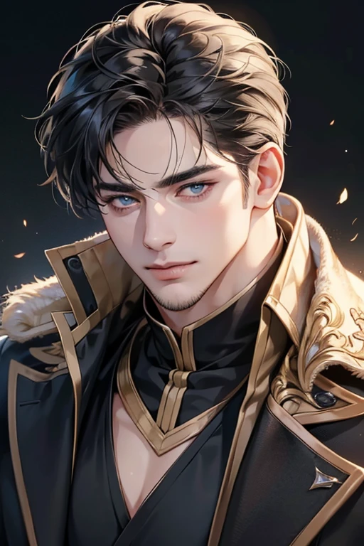 (best quality,4k,8k,highres,masterpiece:1.2),ultra-detailed,(realistic,photorealistic,photo-realistic:1.37),30 year old man,3 day beard,handsome anime,portraits,strong,masculine,dark hair,sharp jawline,mesmerizing eyes,perfectly styled hair,cool anime outfit,confident expression,vibrant colors,dynamic lighting, CEO and expression smile in love.