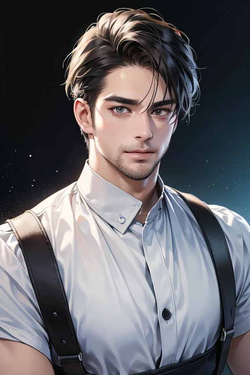 (best quality,4k,8k,highres,masterpiece:1.2),ultra-detailed,(realistic,photorealistic,photo-realistic:1.37),30 year old man,3 day beard,handsome anime,portraits,strong,masculine,dark hair,sharp jawline,mesmerizing eyes,perfectly styled hair,cool anime outfit,confident expression,vibrant colors,dynamic lighting, CEO and expression smile in love.
