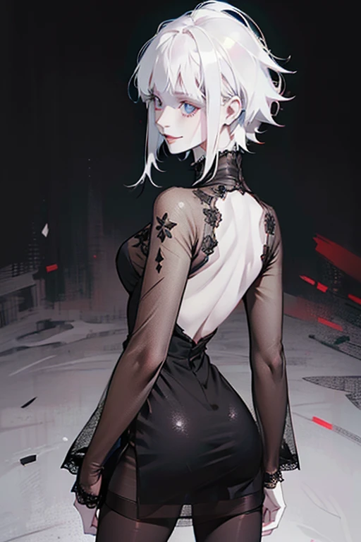 (black lace dress, pantyhose :1.3),Cute 18 yo (albino:1.4)woman of Slavic descent.(short:1.1), long white hair, gray eyes, ((very pale:1.4)). Innocent look. Gentle spirit.(virgin),((smile)).Masterpiece, best quality(highly detailed:1.2),(detailed face and eyes:1.2), depth of field, 8k wallpaper, studio lighting, core shadows, high contrast, bokeh.