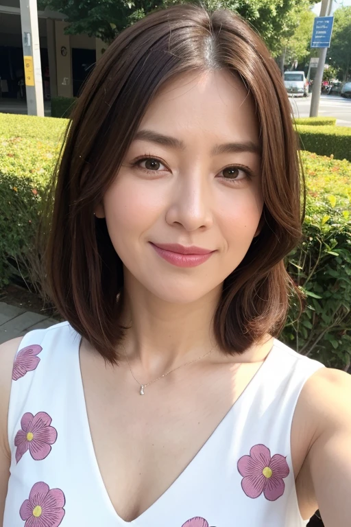 最high quality, In 8K, Masseter muscle area, Lifelike, Sharp focus, high quality, High resolution, Detailed face, Detailed eyes, Thick lips, (Look at the viewers), solo, Middle-aged women, Beautiful woman, Age 35, plum, Beautifully styled hair, Cleavage, Brightly colored patterned dress, Afternoon in front of the park garden,Selfie,Selphy
