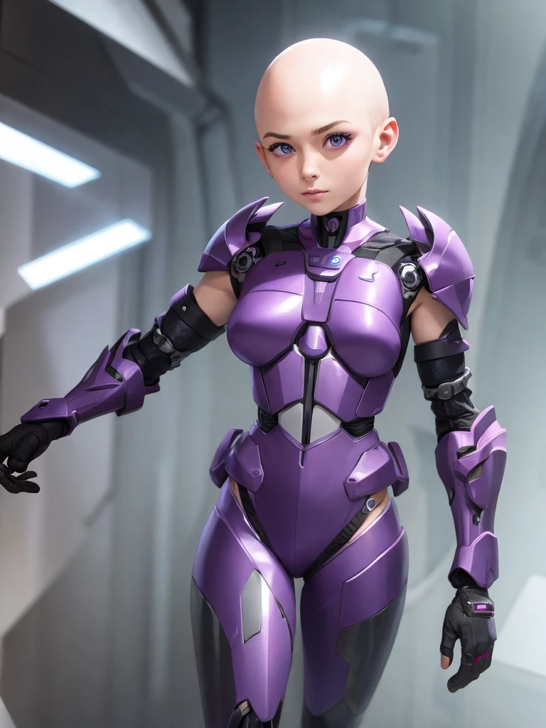 Cute cyborg girl, ((bald)), full body, purple synthetic skin, skimpy cyber armor, blue mechanical eyes. 