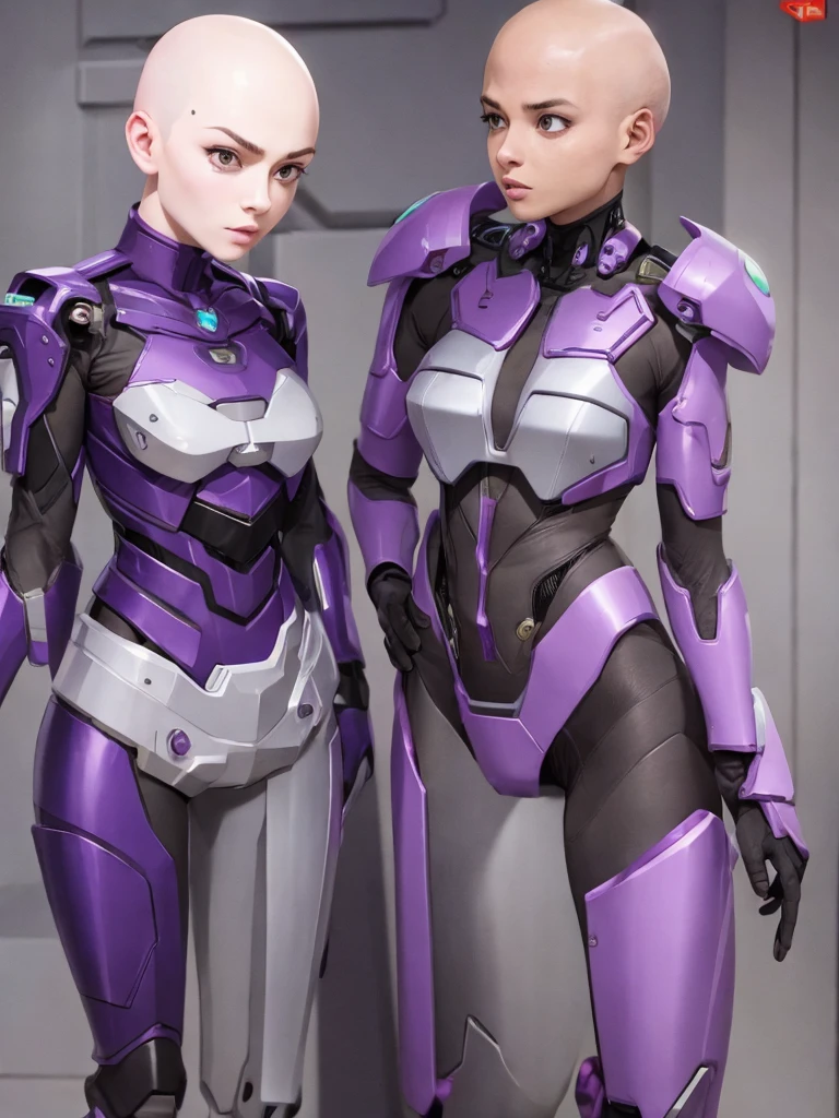 Cute cyborg girl, ((bald)), full body, purple synthetic skin, skimpy cyber armor, blue mechanical eyes. 