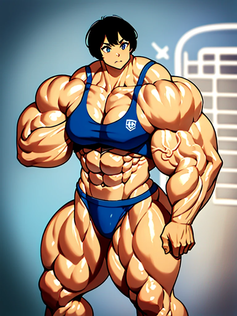 Muscular girl with big arms and beautiful short hair and marked abs, wide waist and defined big and muscular legs.