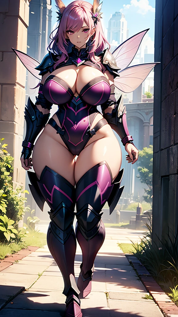 one woman, fairy girl, fairy ears, fairy wings, magenta hair, strong, firm body, thick thighs, big breasts, muscular arms, wide hips, blue armor, sfw, sexy, full body, masterpiece, highly detailed, shiny armor, beauty, tall women, busty
