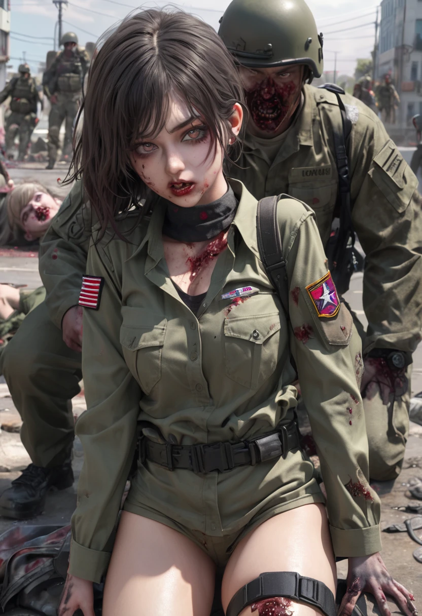 Zombie girl force fucked by an army guy, rough porn, detailed, big ass , big dick, apocalyptic setting, intricate style, 4K, ripped clothes, porn