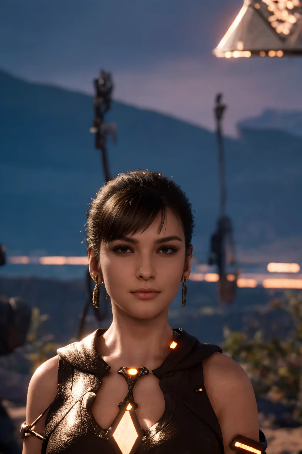 a beautiful girl with short brown hair, almond eyes, and brown eyes, elegant and graceful, holding a eve of stellar blade, digital art, cinematic lighting, highly detailed, photorealistic, 8k, intricate details, dramatic lighting, cinematic composition, warm color palette, fantasy landscape background