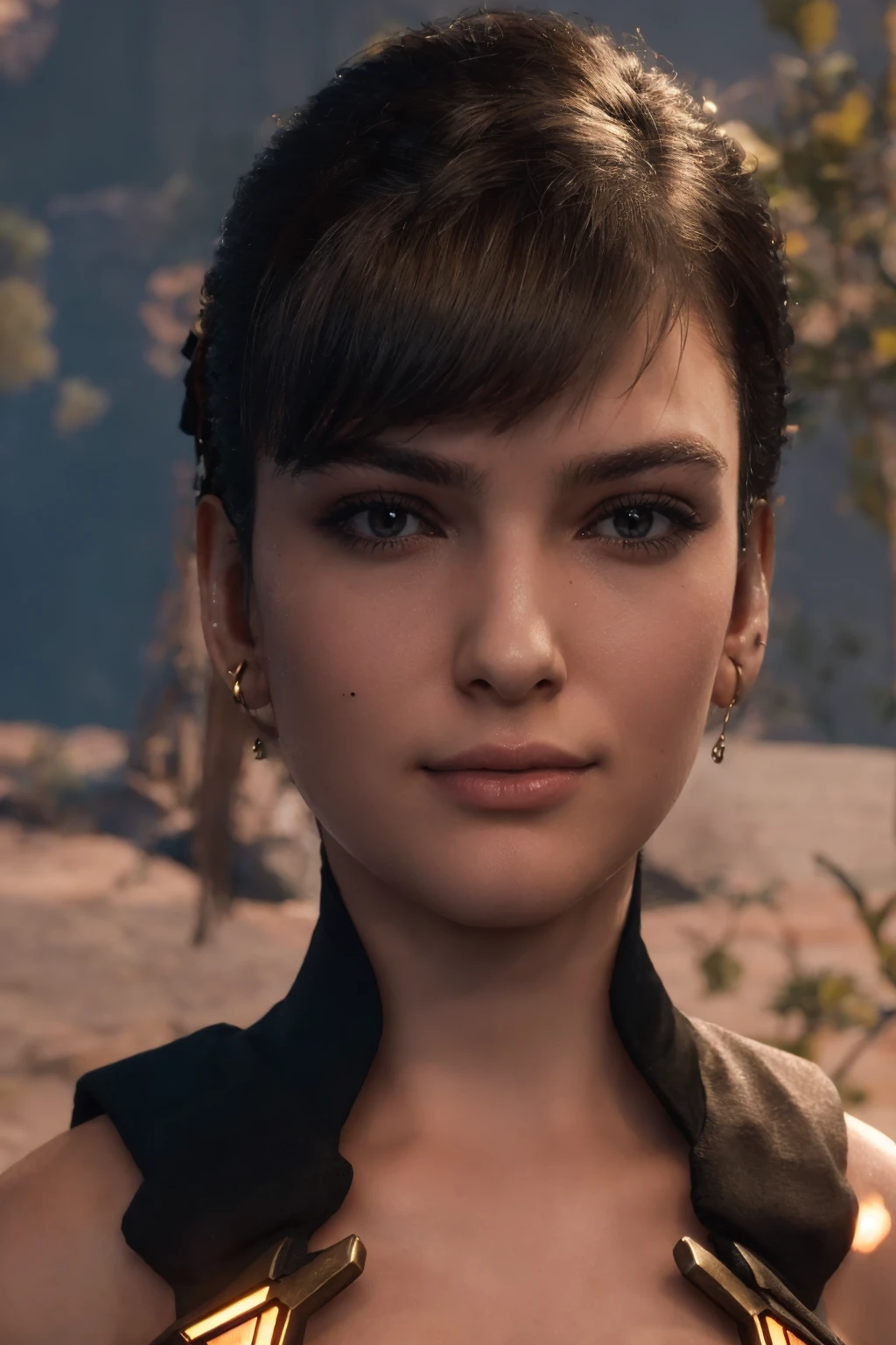 a beautiful girl with short brown hair, almond eyes, and brown eyes, elegant and graceful, holding a eve of stellar blade, digital art, cinematic lighting, highly detailed, photorealistic, 8k, intricate details, dramatic lighting, cinematic composition, warm color palette, fantasy landscape background