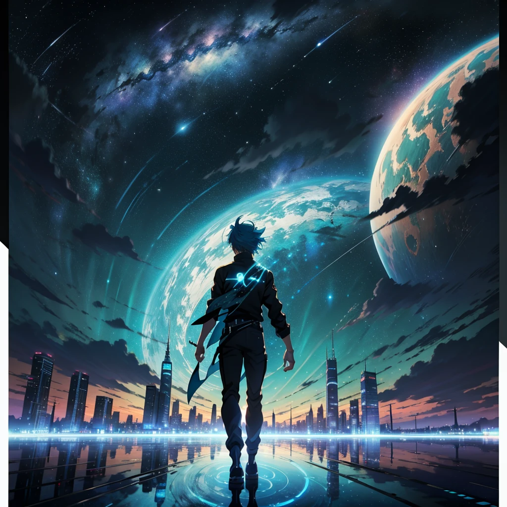 Beautiful sky anime scene with stars and planets, Space Sky. by Makoto Shinkai, anime art wallpaper 4k, 1 teal-haired woman, Landscape,anime art wallpaper 4k, Anime Art Wallpapers 8K, anime wallpaper 4k, anime wallpaper 4k, 4k anime wallpaper, Anime Sky, Awesome Wallpapers, Anime Background, Heavenly planets in the background, Anime Background art, reflection, Quantum transitions, Knight costume, In the city tower.