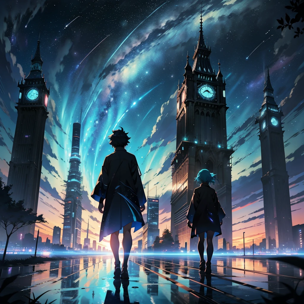 Beautiful sky anime scene with stars and planets, Space Sky. by Makoto Shinkai, anime art wallpaper 4k, 1 teal-haired woman, Landscape,anime art wallpaper 4k, Anime Art Wallpapers 8K, anime wallpaper 4k, anime wallpaper 4k, 4k anime wallpaper, Anime Sky, Awesome Wallpapers, Anime Background, Heavenly planets in the background, Anime Background art, reflection, Quantum transitions, Knight costume, In the city tower.
