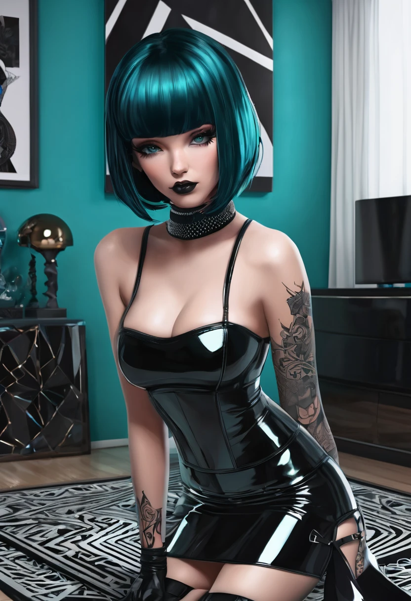 NFSW, Masterpiece, best quality:1.2, 1 girl, solo, striking teal and black bob-cut hair, tattoos, modern room, black shiny latex corset and skirt, geometric rug, contemporary art, edgy, stylish, bold aesthetic.