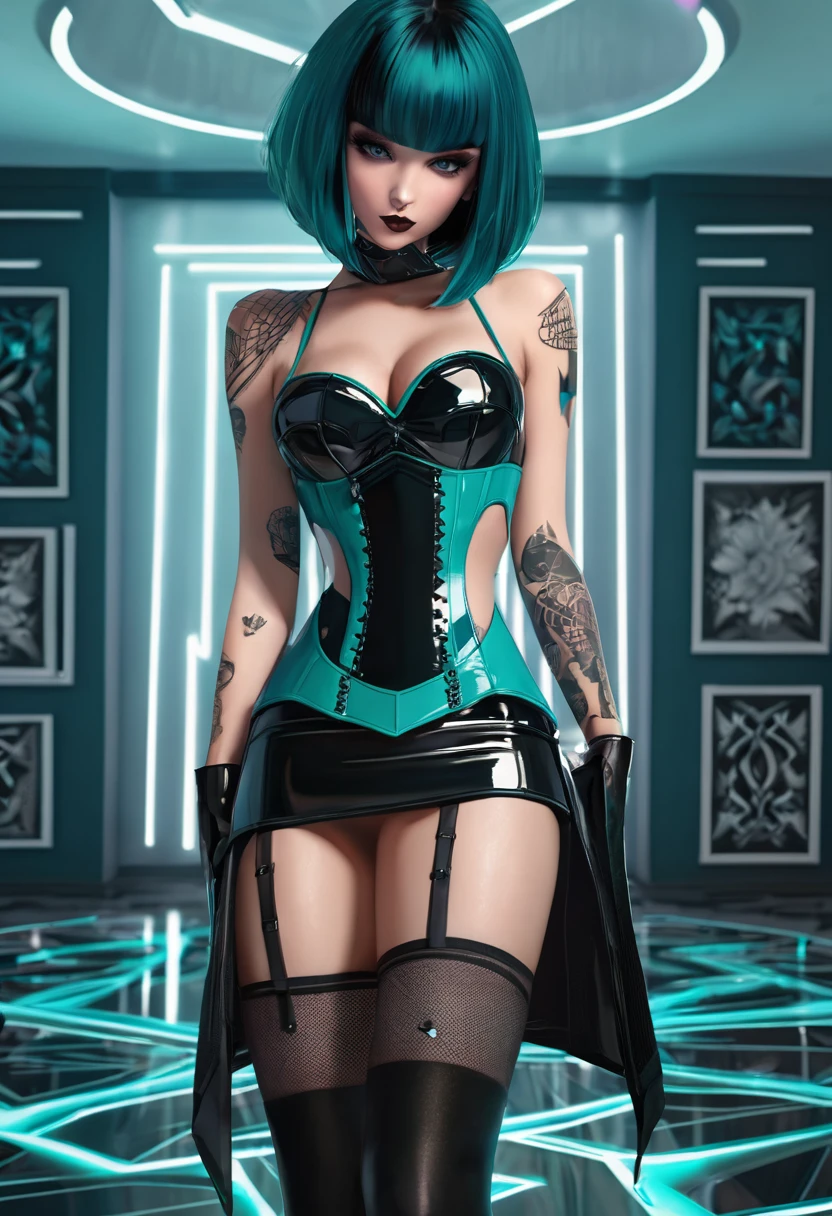 NFSW, Masterpiece, best quality:1.2, 1 girl, solo, striking teal and black bob-cut hair, tattoos, modern room, black shiny latex corset and skirt, geometric rug, contemporary art, edgy, stylish, bold aesthetic.