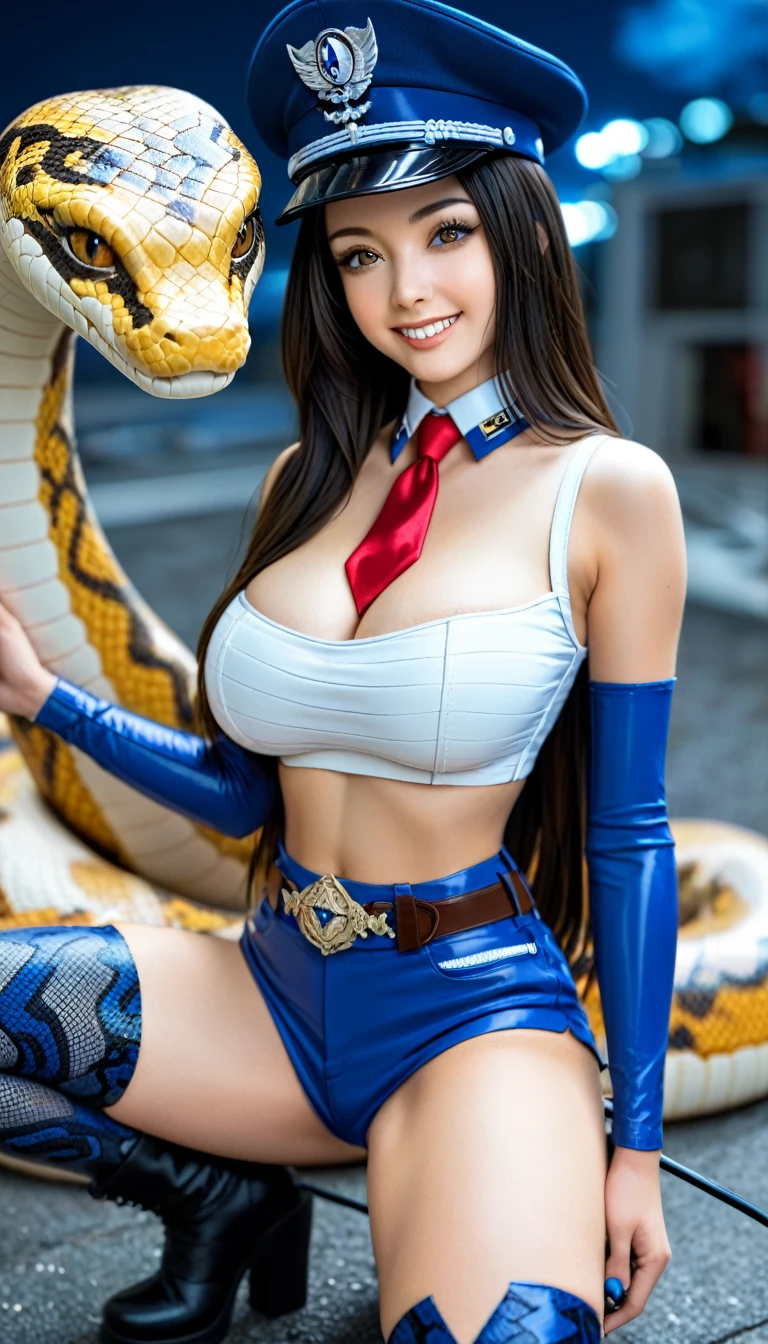 (High quality, masterpieces), One Japanese girl, Half-squatting position, Black long hair, Beautiful face, Sleepy eyes, Brown eyes, Malevolent grin with malice, Midnight-blue military cap adorned with a badge of snake head at the center, a midnight-blue leather short military-style bolero with long sleeves, a white crop top with a red narrow tie, Exposing skin around navel, Big breasts, Low waist short pants made of midnight-blue leather with a belt made from python skin, Python skin pattern stockings covering whole legs, Short boots made of midnight-blue enamel, Equipped with a long whip, Futuristic facility late at night