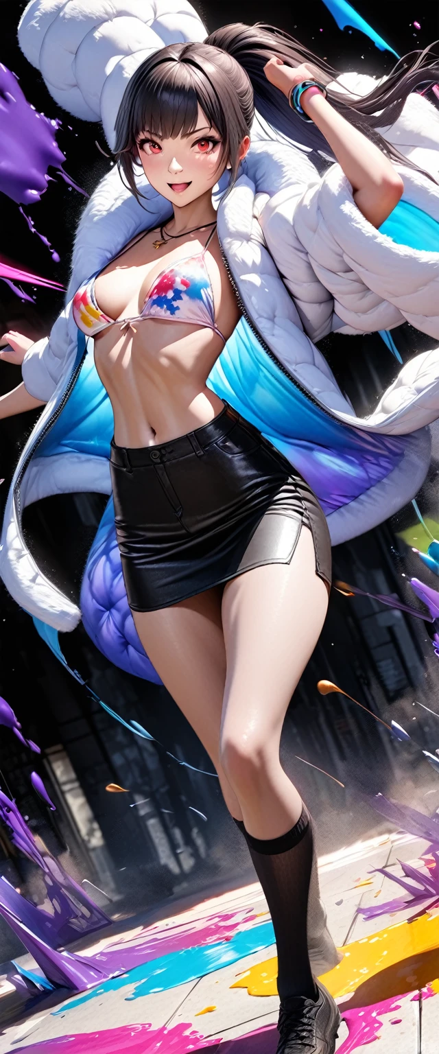 masterpiece, Highest quality, (Highly detailed CG Unity 8k wallpaper, masterpiece, Highest quality, Super detailed, Best Shadow), (Detailed Background), (Beautifully detailed face, Beautiful attention to detail), High Contrast, (Best lighting, Very delicate and beautiful),One girl,((Colorful paint splatters on a transparent background, Dulux)), ((caustic)), Dynamic Angle, Beautiful sparkle, whole body, , Realistic Anime 3D Style, Enchanting anime boy, Anime realism style, sexy, Medium firm breasts, Narrow waist, Wide Hips, Beautiful Face, Detailed costume, karate, Black hair band, Black trousers, denim, Creating a sophisticated urban environment, She is wearing a floral bikini underneath a fluffy white down jacket that is unzipped., ((Black tanned skin)), Pencil Skirt, (Bell Necklace), (bracelet), belly button, Knee socks, Toned body, ponytail, bangs, smile, Open your mouth, Frenzied Pose, Vigorous Pose