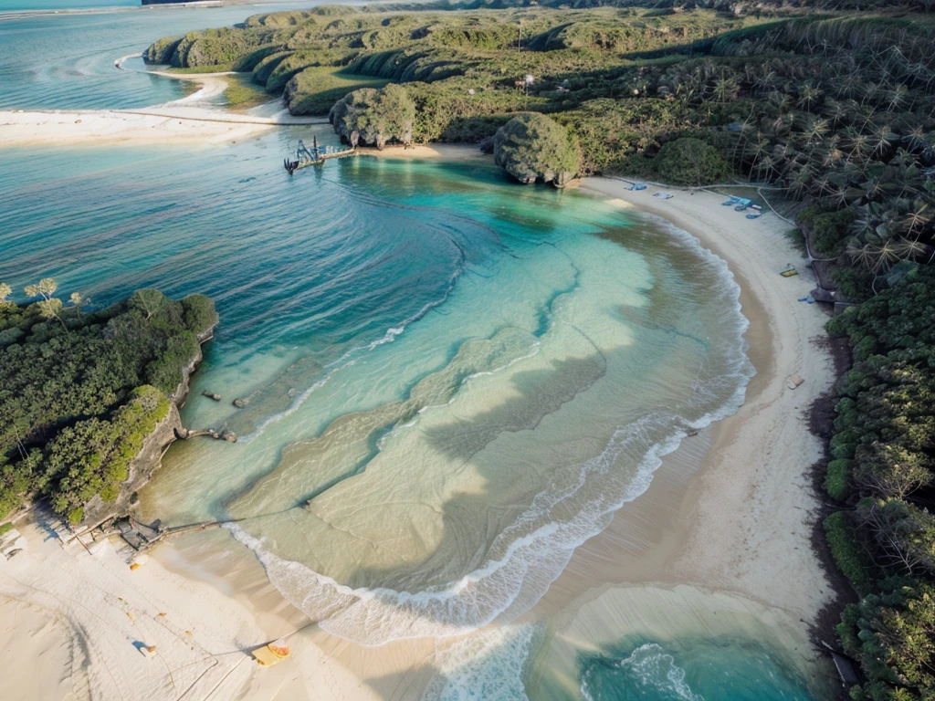 [[((Aerial drone shot of the beautiful late afternoon beach in Siargao:1.6)), with golden sands and gentle waves. The scene is bathed in the warm glow of the setting sun, creating a serene and picturesque atmosphere. The expansive beach view captures the tranquil shoreline and the ocean meeting the horizon, with the setting sun casting a golden hue over the scene. Palm trees line the beach, adding to the tropical vibe. The image should be in ((8K resolution:1.5)) with ((hyper-realistic detail:1.6)). The focus is entirely on the serene and picturesque beach setting in Siargao, capturing the essence of a perfect tropical beach.]]