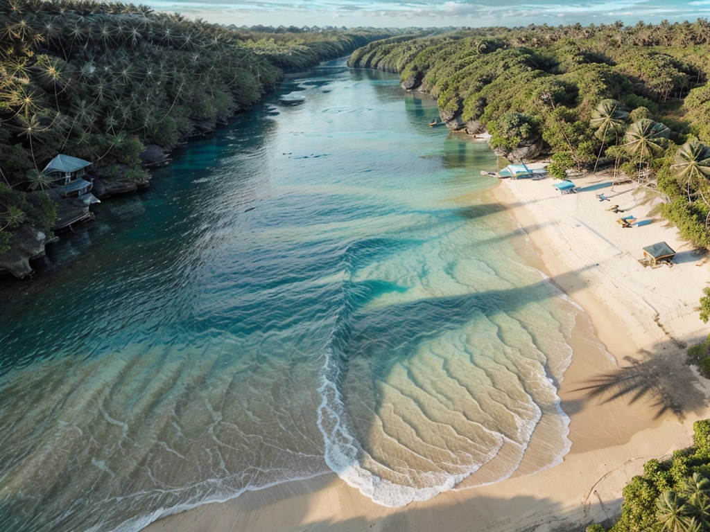 [[((Aerial drone shot of the beautiful late afternoon beach in Siargao:1.6)), with golden sands and gentle waves. The scene is bathed in the warm glow of the setting sun, creating a serene and picturesque atmosphere. The expansive beach view captures the tranquil shoreline and the ocean meeting the horizon, with the setting sun casting a golden hue over the scene. Palm trees line the beach, adding to the tropical vibe. The image should be in ((8K resolution:1.5)) with ((hyper-realistic detail:1.6)). The focus is entirely on the serene and picturesque beach setting in Siargao, capturing the essence of a perfect tropical beach.]]