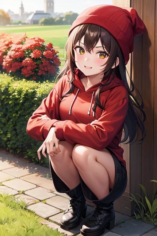 1girl, woman, red hoodie, tight midi pencil skirt (black), knee length skirt, long brown hair, looking at viewer, full body, smile, blush, boots, garden, fall, beanie