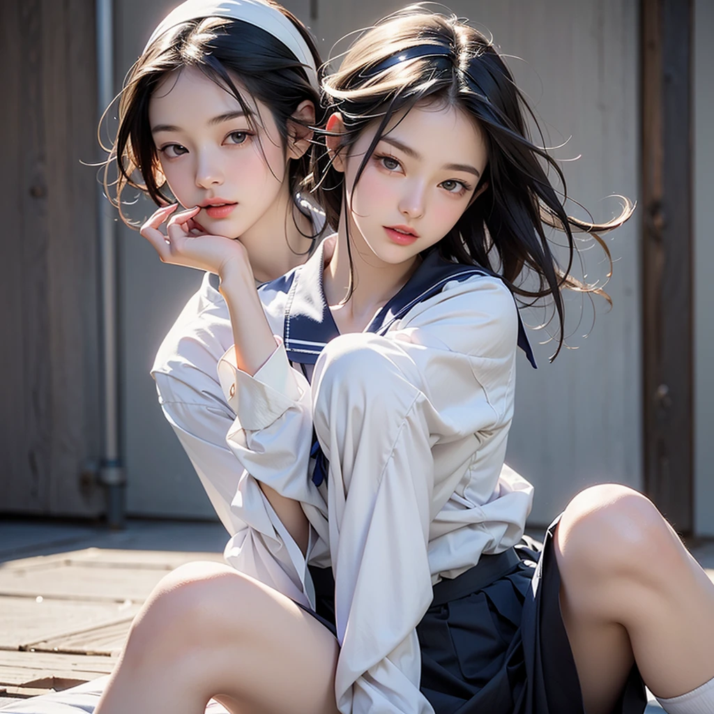 Body eight times longer than head, (Highly detailed CG Unity 8k), (Highest quality),(Very detailed),(Ultra-high resolution), Black Hair, High school girl wearing a navy sailor suit, Anime 2D Rendering, Realistic young anime school girl, ((White headband)), Purple eyes, Small breasts, expensive, Slanted Eyes, (School Scene), Black Stockings, Bright colors, Please open your mouth a little, Dark blue skirt, Bobcut, Top-down position, Running pose, Dash while eating bread、