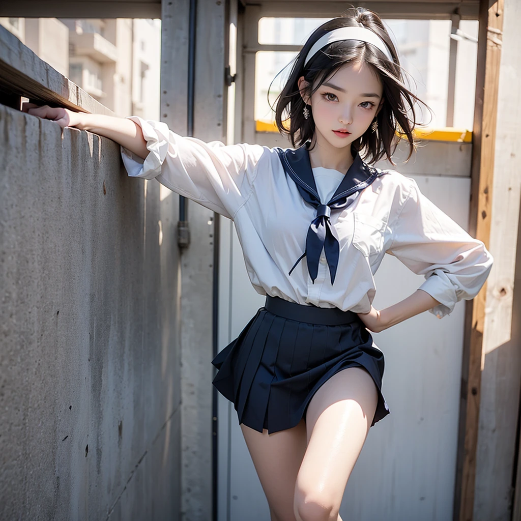 Body eight times longer than head, (Highly detailed CG Unity 8k), (Highest quality),(Very detailed),(Ultra-high resolution), Black Hair, High school girl wearing a navy sailor suit, Anime 2D Rendering, Realistic young anime school girl, ((White headband)), Purple eyes, Small breasts, expensive, Slanted Eyes, (School Scene), Black Stockings, Bright colors, Please open your mouth a little, Dark blue skirt, Bobcut, Top-down position, Running pose, Dash while eating bread、