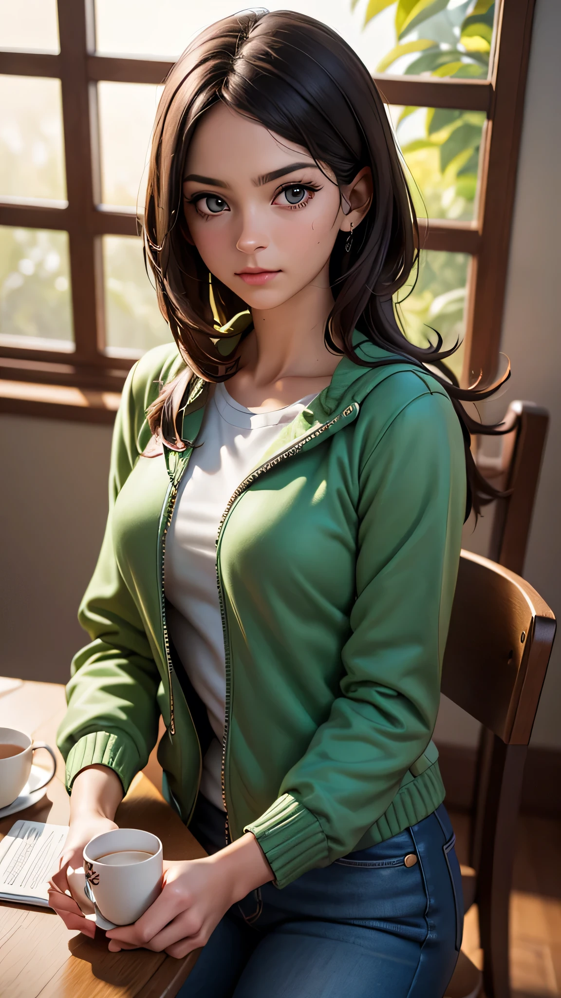 At a nearby coffee shop with a window view, Mark and Sarah, in her green jacket over a white shirt and blue jeans, sit at a cozy table. Mark explains how he lost his wallet and expresses his gratitude for her honesty. Sarah listens intently, her green jacket resting on the back of her chair. (best quality, 4k, 8k, highres, masterpiece:1.2), ultra-detailed, (realistic, photorealistic, photo-realistic:1.37), indoor, soft lighting, lively atmosphere).