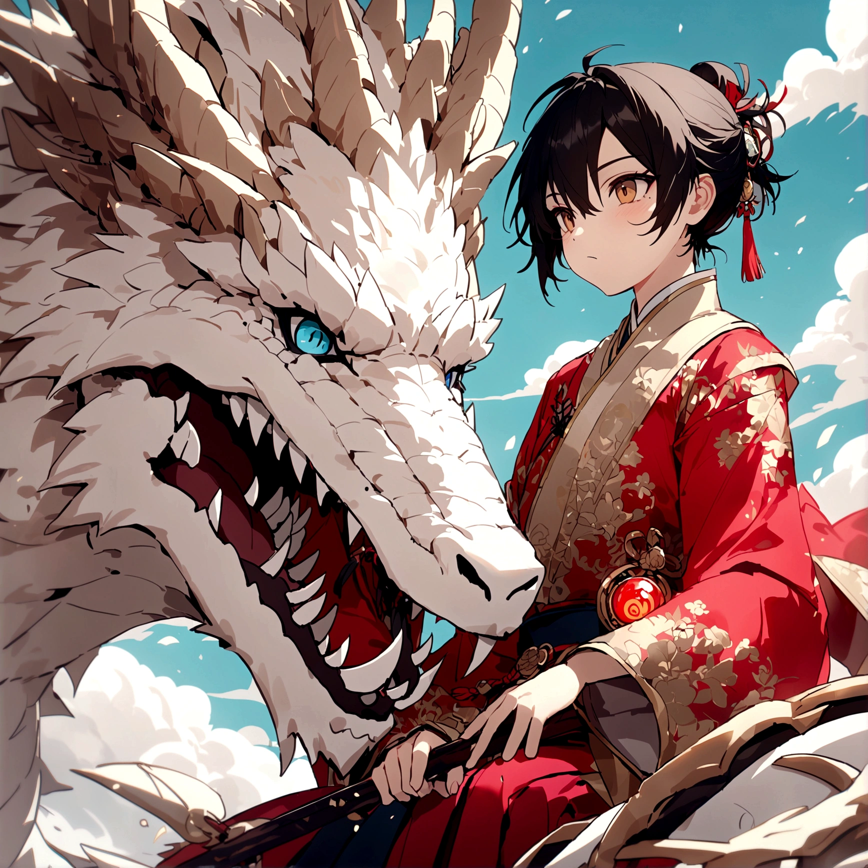 (The handsome boy who tamed the dragon),Stroking the dragon's cheek:1.5,White Chinese dragon one:1.4,A teenager:1.5,Teenager wearing traditional Chinese costume, Peking Opera drama texture decoration Hanfu:1.6,This dragon is very dependent on the young man.,ripple,The air is filled with water droplets,Cloud Effect:1.5,elevation,Vision,Super Detail,Best quality,masterpiece,(8K,Extremely detailed,Epic artwork