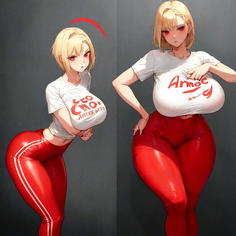 name zoe. 20 year old ager, beautiful angelic face. Red eyes. White skin color. height 1,70, retail physicist, large and firm breasts, Short blonde hair. Clothes, T-shirt at the height of the abdomen. tight red pants. body detail, straight and firm posture looking towards the camera. Great whore with huge ass