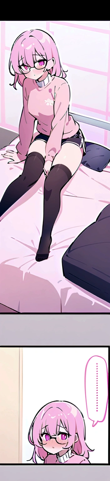 pink hair black glasses pink eyes extremely blushing a big pink sweater black short shorts black stockings be a reserved girl her bed