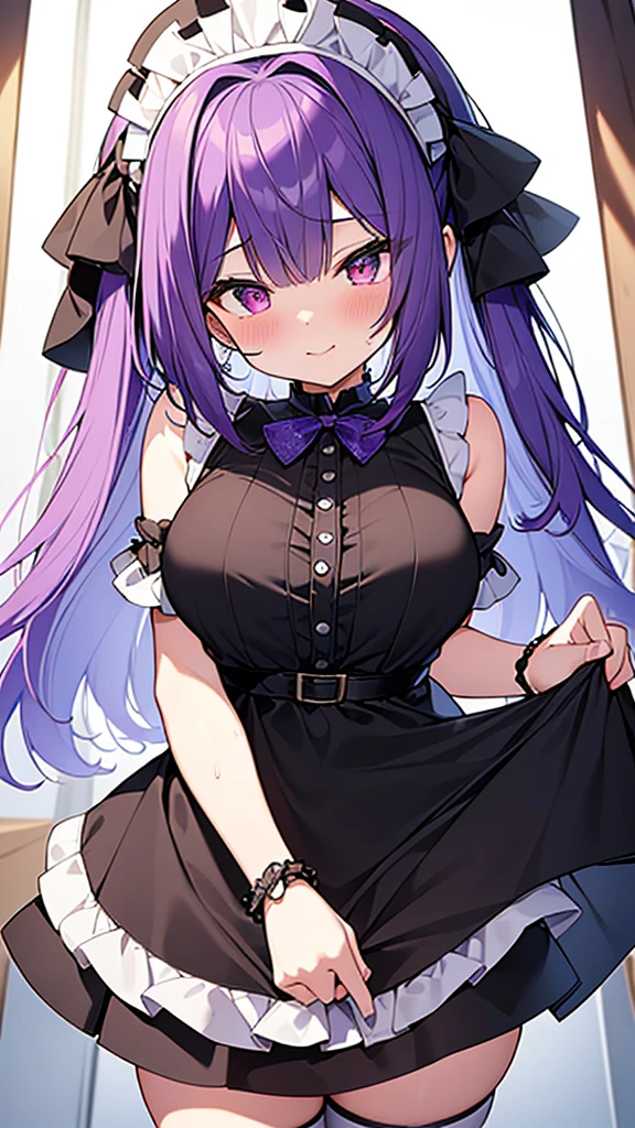 最high quality, high quality, Super detailed, 32k, Ultra-detailed details, (only, pretty girl, beautiful purple hair, Beautiful purple eyes, Big Breasts, A light smile, Red eyes, Off-the-shoulder sleeveless Summer clothes, Summer casual maid clothes, Short skirt, Blue and white color striped underwear, Black knee socks, My crotch is wet with love juice, 18-year-old,cute), {{A succubus strips off the face and clothes of a murdered maid and engages in intense vaginal sex with her master, bouncing her breasts.}}, She has transformed from a shy maid into a lewd one., A maid with her sister's face stuck on her face is vigorously pistoning her body, A maid who moves her body vigorously without caring if her breasts bounce, ((She straddles a sleeping man and has intense vaginal sex:1.5)), Cowgirl Sex, NSFW