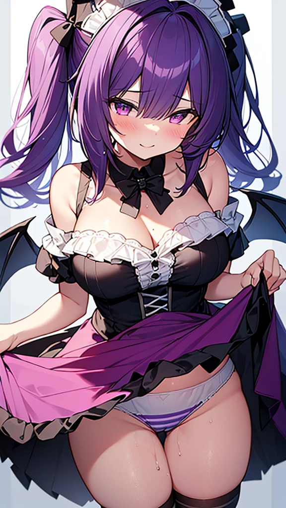最high quality, high quality, Super detailed, 32k, Ultra-detailed details, (only, pretty girl, beautiful purple hair, Beautiful purple eyes, Big Breasts, A light smile, Red eyes, Off-the-shoulder sleeveless Summer clothes, Summer casual maid clothes, Short skirt, Blue and white color striped underwear, Black knee socks, My crotch is wet with love juice, 18-year-old,cute), {{A succubus strips off the face and clothes of a murdered maid and engages in intense vaginal sex with her master, bouncing her breasts.}}, She has transformed from a shy maid into a lewd one., A maid with her sister's face stuck on her face is vigorously pistoning her body, A maid who moves her body vigorously without caring if her breasts bounce, ((She straddles a sleeping man and has intense vaginal sex:1.5)), Cowgirl Sex, NSFW
