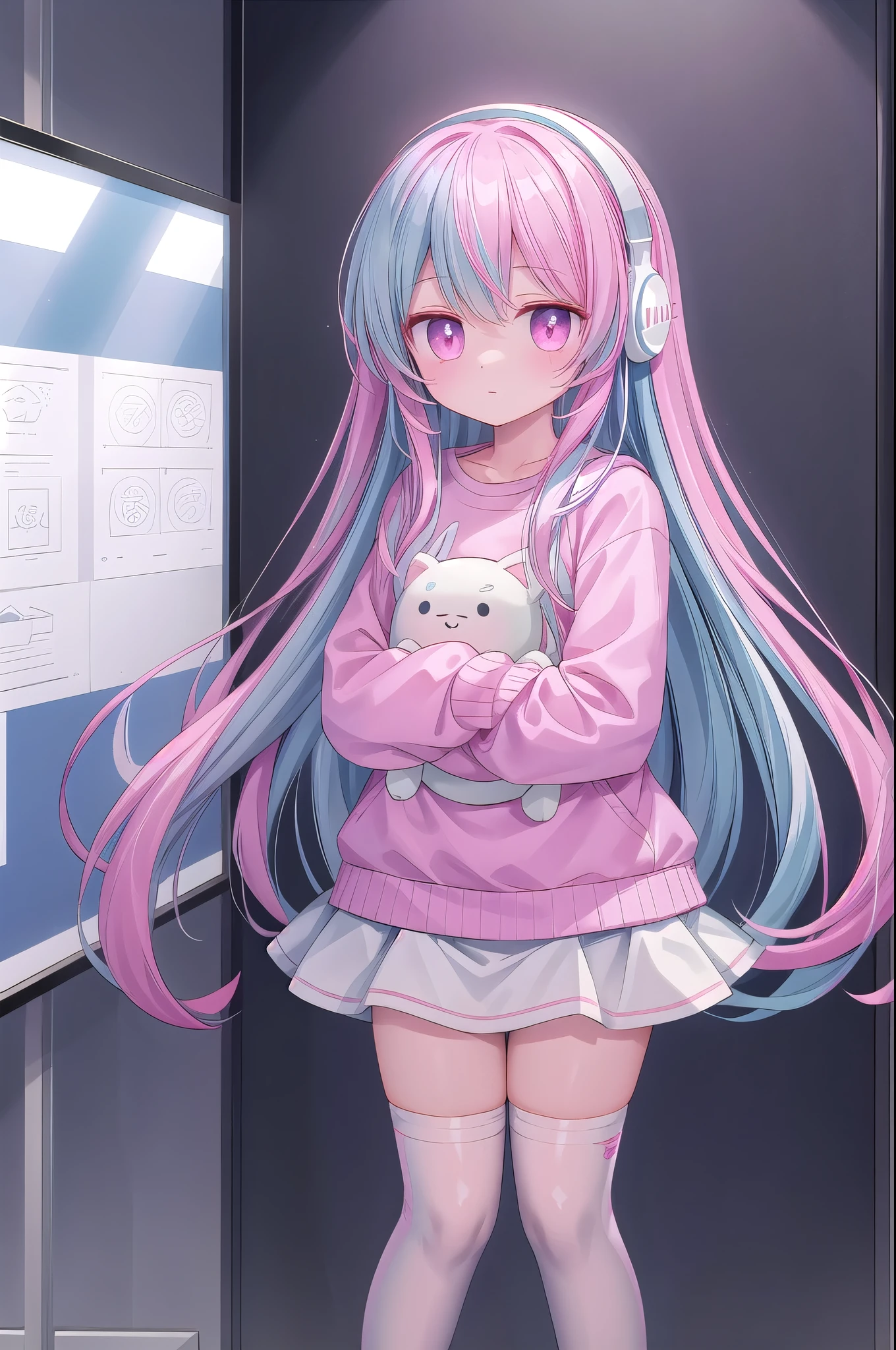 ,White knee socks,Light blue long hair,Pink and white sweatshirt,Pink Eyes,Blue headphones,The character stands,Character display pictures