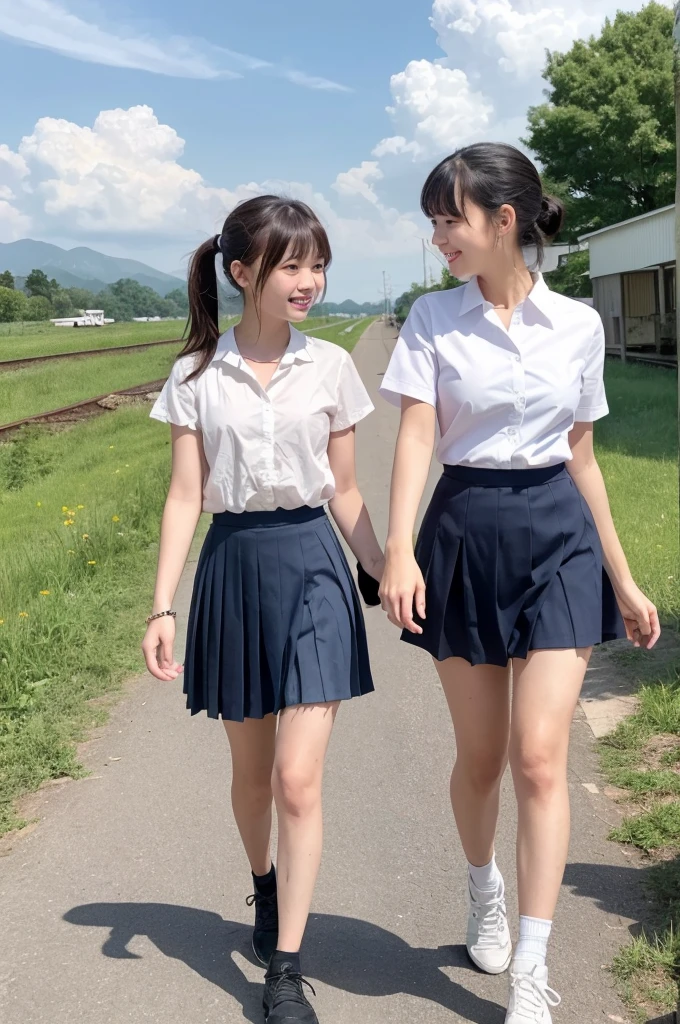 2 girls walking in rural station,long train on far side,cumulonimbus cloud in summer sky,short-sleeved white sailor shirt,navy blue pleated skirt,18-year-old,bangs,a little smile,thighs,knees,short hair with low pigtails bunches,from beside,front light