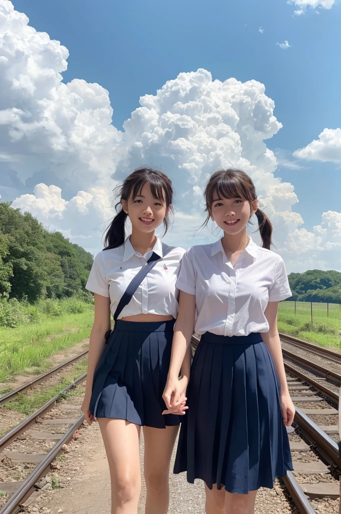 2 girls walking in rural station,long train on far side,cumulonimbus cloud in summer sky,short-sleeved white sailor shirt,navy blue pleated skirt,18-year-old,bangs,a little smile,thighs,knees,short hair with low pigtails bunches,from beside,front light