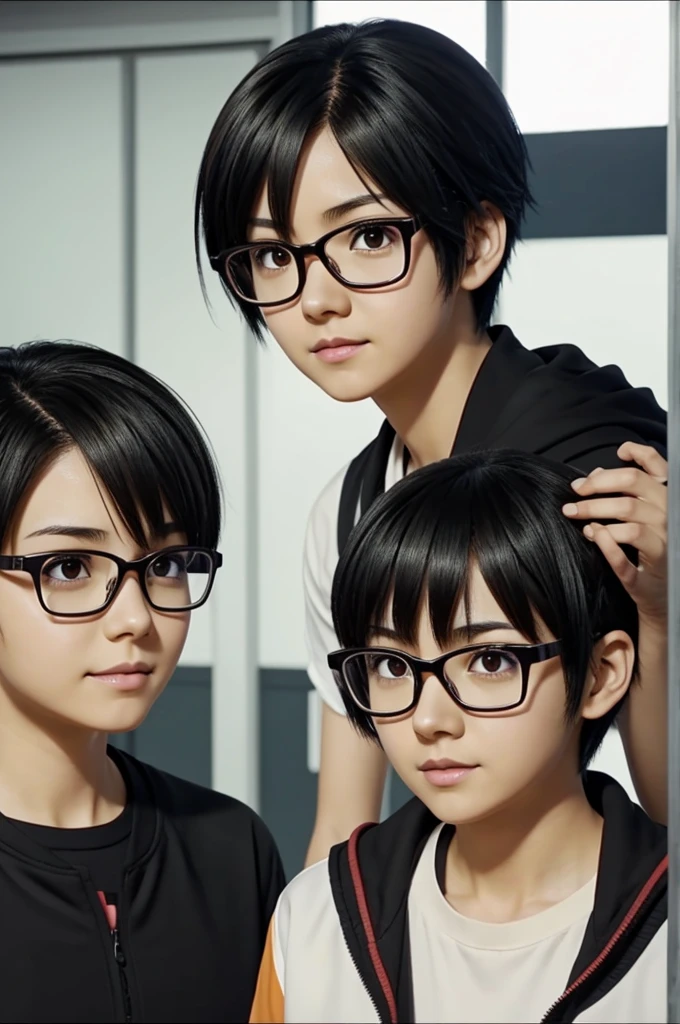Screenshot from the anime Haikyuu, girl with short black hair and brown eyes with glasses