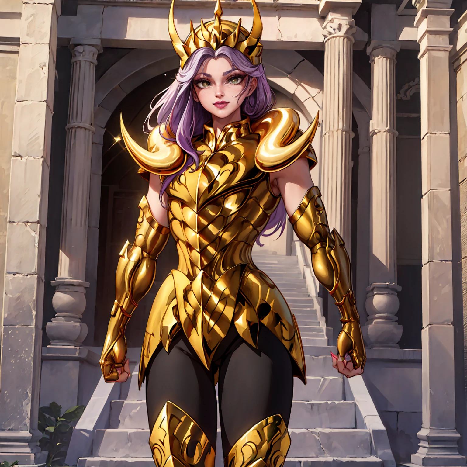 aries, ((long purple hair, glowing green eyes, lipstick, makeup, narrow waist, skinny, medium breasts, alone)), pelvic curtain, ((golden shinning armor, reflection armor)), full body, perfect body, (insanely detailed, beautiful detailed face, masterpiece, best quality) , (((solo))), (((1girl))), (((mature))), (extremely detailed 8k paper CG wall unit: 1.1), (greek ruins background, dusk), (smile face for the viewer), eropose