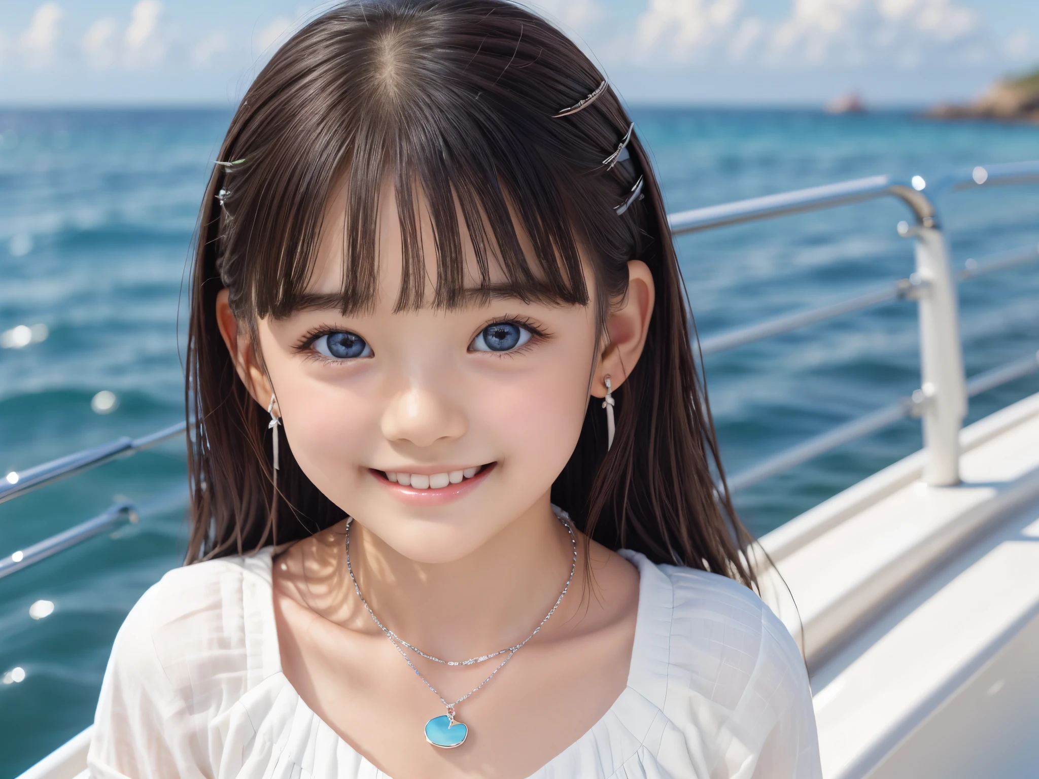 Small breasts、Earrings、necklace、Beautiful glowing white skin,、 bright, Refreshing and gentle look, Perfect beautiful pretty face, Shiny, straight, long hair down to the waist, Beautiful shiny bangs, （（Very beautiful and beautiful４Year old girl））, eyeliner, so perfect and beautiful, Big clear sky blue eyes, bright eye highlights、、Cute smile、Long eyelashes、Low waist、Low rise、Ocean、On the boat、Have a bold pose、Being at the edge of the waves、She is looking down from above、hot pants、16ｋ、Highest quality、