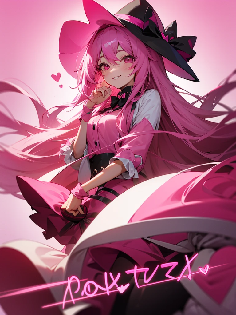 Pink long hair, black hat, pink eyes, heart-shaped gift, pink outfit, smiling face