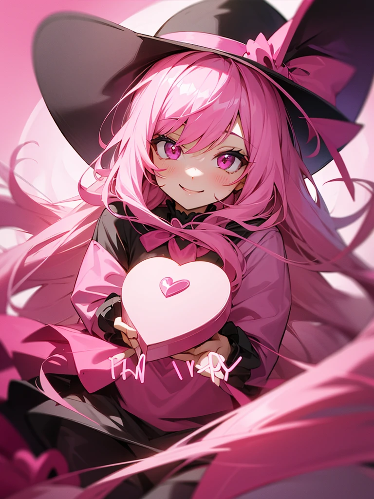 Pink long hair, black hat, pink eyes, heart-shaped gift, pink outfit, smiling face