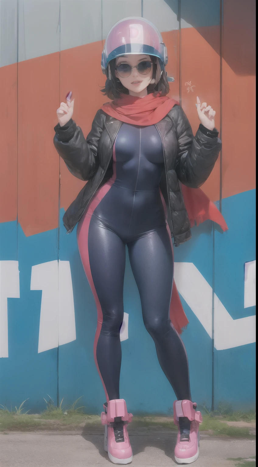 short woman, (ultra detailed,ultra high res,detailed background),((2D)),1girl,solo,looking at viewer, spray paint, graffiti, girl in a colorful fencing suit, long plush scarf, full body image, adult woman, anatomically perfect face, face in focus, symmetrical face, rollerskates, wearing a 1950's scifi helmet with a visor, big sunglasses