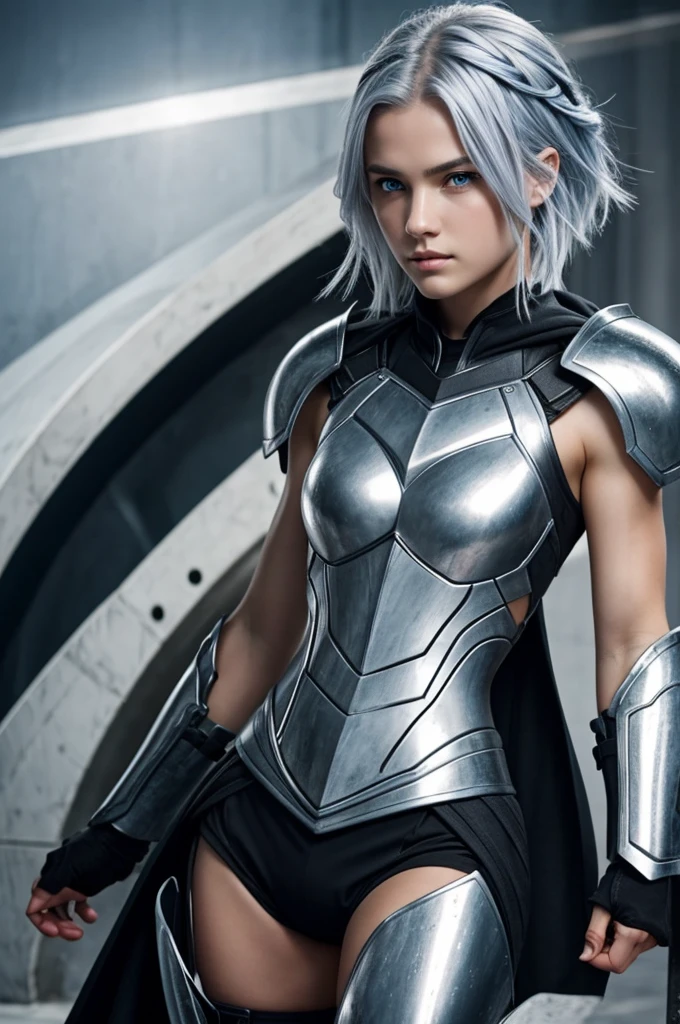 an 18 year old girl with silver hair, light gray eyes with light blue irises, a dominant look, a serious and cold face without feminine features, White skin, muscular and tough body with armor, noticing his muscles