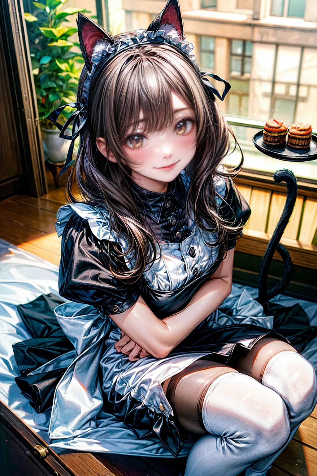 One Girl、(20-year-old woman)、Cat ears headband、Cat tail、Black maid outfit、Holding a tray with two parfaits on it in one hand、With the other hand, lift your skirt to show your underwear、Short skirt、I can see your pants、White knee-high socks、Striped pants、Highest quality、8K、Beautiful Face、Mischievous smile、Wink to the viewer、View Viewer、A bright cafe with a black cat