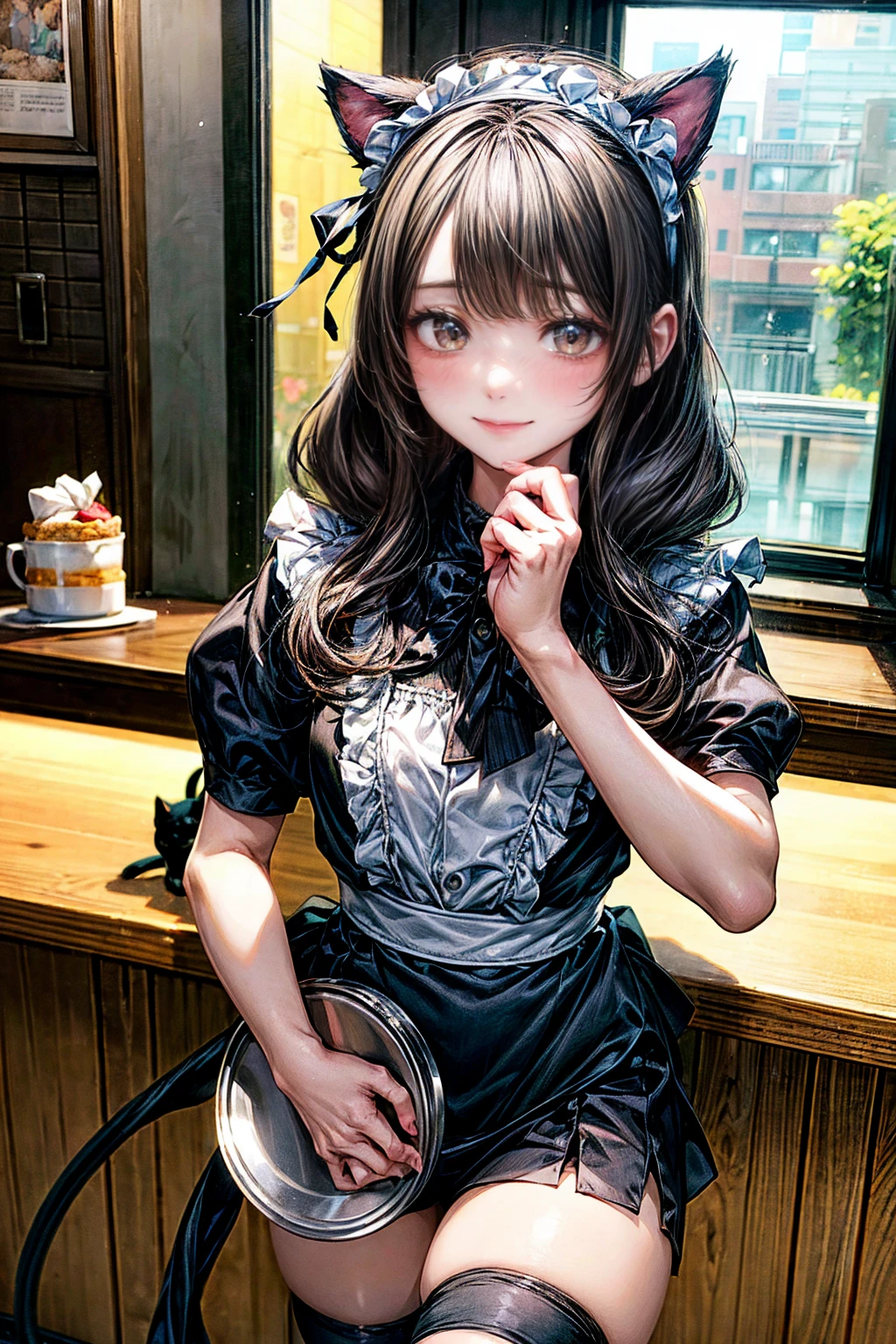 One Girl、(20-year-old woman)、Cat ears headband、Cat tail、Black maid outfit、Holding a tray with two parfaits on it in one hand、With the other hand, lift your skirt to show your underwear、Short skirt、I can see your pants、White knee-high socks、Striped pants、Highest quality、8K、Beautiful Face、Mischievous smile、Wink to the viewer、View Viewer、A bright cafe with a black cat