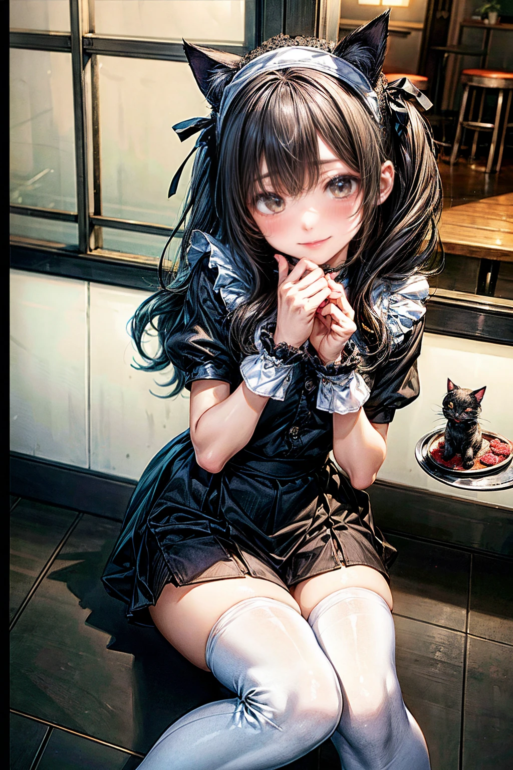 One Girl、(20-year-old woman)、Cat ears headband、Cat tail、Black maid outfit、Holding a tray with two parfaits on it in one hand、With the other hand, lift your skirt to show your underwear、Short skirt、I can see your pants、White knee-high socks、Striped pants、Highest quality、8K、Beautiful Face、Mischievous smile、Wink to the viewer、View Viewer、A bright cafe with a black cat