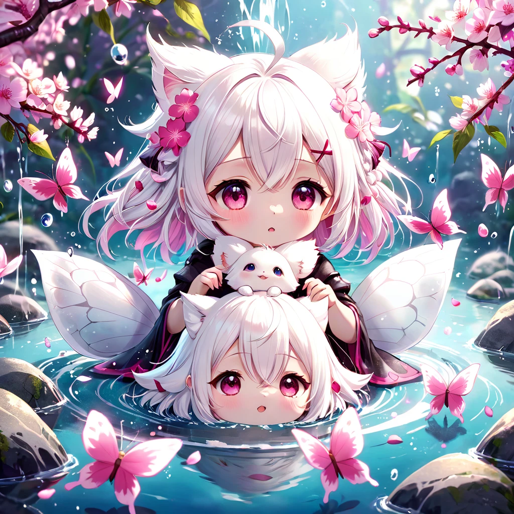 absurdres, highres, ultra detailed, HDR, master piece, best quality, extremely detailed, white hair ball, solo, cute, small, fantasy beast, magical, magic, pink butterflies, pink petals, pink flowers, water, blossoms