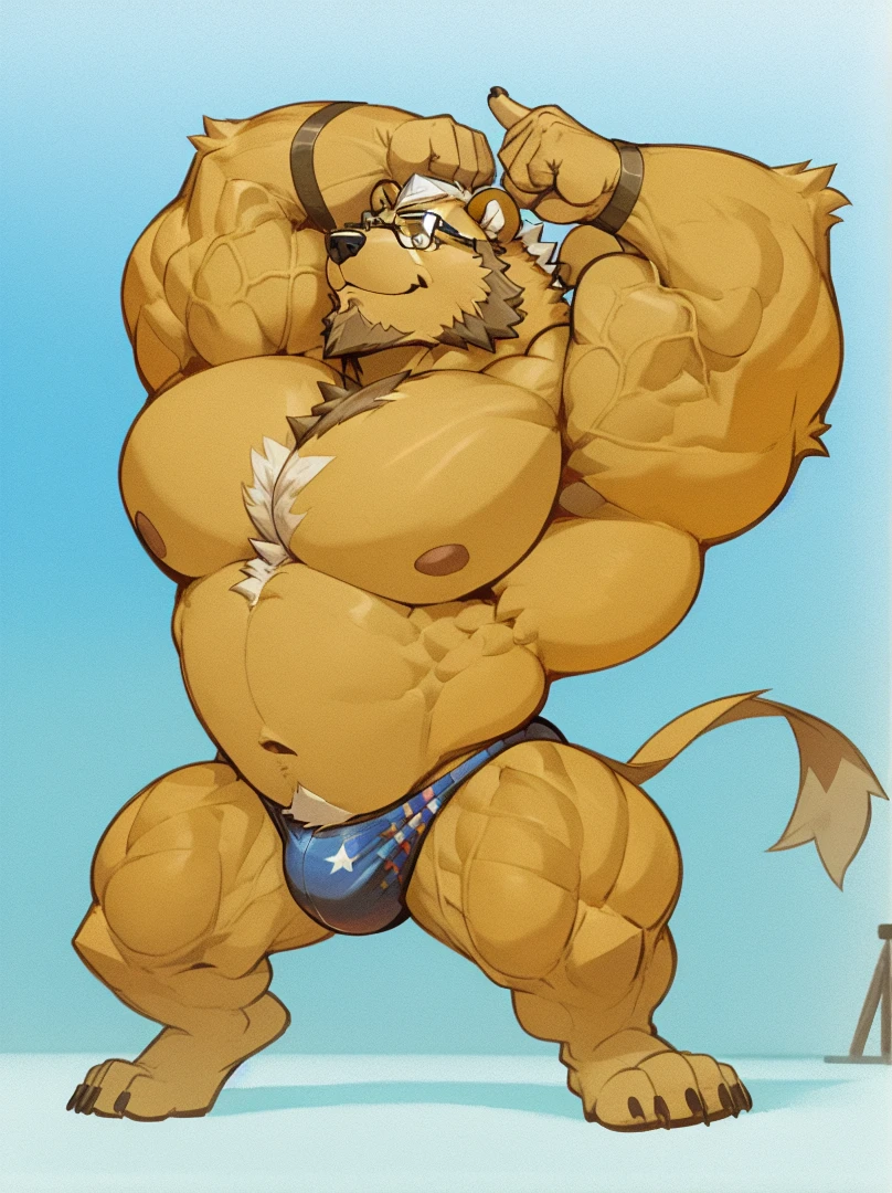 solo, 1boy, Huge Muscular Old Grizzly Bear wearing glasses, correct anatomy, steroid, pectoral, huge pectoral, wide pectoral, short white hair, black competitive briefs, speedo, bearded, Mustache, bodybuilding competition stafe background, masterpiece, high detailed, 8k, high resolution, at the stage, flexing off for the audience