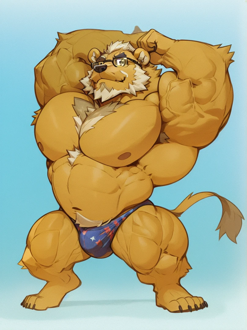solo, 1boy, Huge Muscular Old Grizzly Bear wearing glasses, correct anatomy, steroid, pectoral, huge pectoral, wide pectoral, short white hair, black competitive briefs, speedo, bearded, Mustache, bodybuilding competition stafe background, masterpiece, high detailed, 8k, high resolution, at the stage, flexing off for the audience