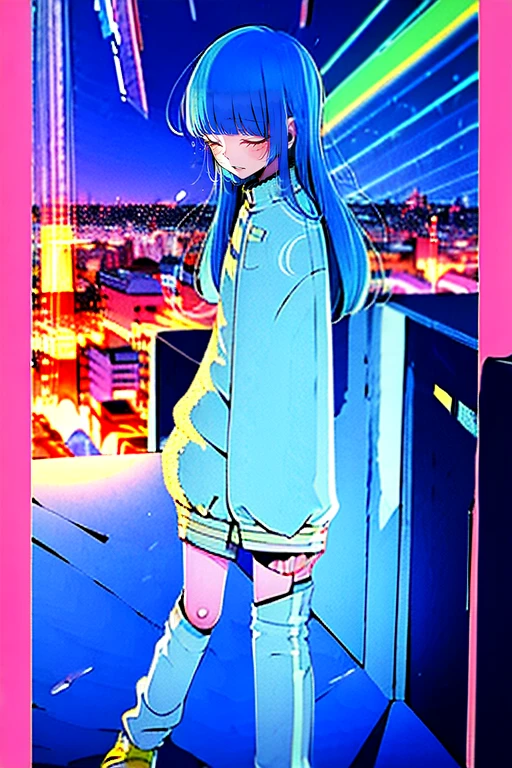 Blue long hair、Light blue eyes、Sad expression、Tears flowing、whole body、night、Light、neon、pink、yellow、City、Detailed clothing、Detailed Background、masterpiece、最high quality、high quality
