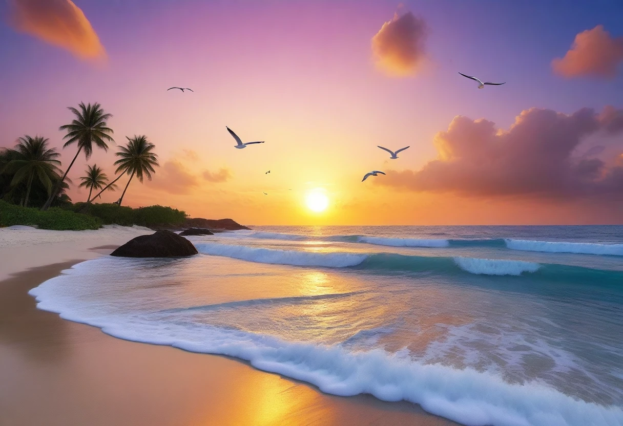 A truly captivating sunset at the beach, mixed with orange, pink, And the sky is yellow. the water is crystal clear, gently kiss the shore, And the white sand is endless. Dynamic and breathtaking scenes, Seagull flying high in the sky, With gently swaying palm trees. Immerse yourself in the calm atmosphere and let serenity surround you..