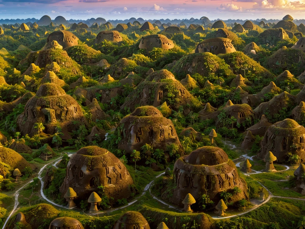 [[((Wide-angle aerial shot of the iconic Chocolate Hills in Bohol:1.6)), with their unique, rounded formations and lush greenery. The scene is set in the late afternoon with soft, natural lighting enhancing the beauty of the landscape. The expansive view captures the rolling hills covered in green grass, with the sun casting a warm glow over the entire area. The image should be in ((8K resolution:1.5)) with ((hyper-realistic detail:1.6)). The focus is entirely on the breathtaking landscape of the Chocolate Hills, showcasing their unique and captivating beauty.]]