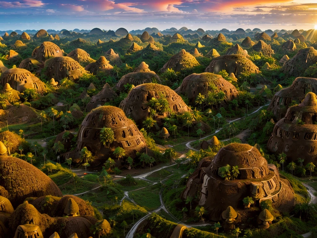 [[((Wide-angle aerial shot of the iconic Chocolate Hills in Bohol:1.6)), with their unique, rounded formations and lush greenery. The scene is set in the late afternoon with soft, natural lighting enhancing the beauty of the landscape. The expansive view captures the rolling hills covered in green grass, with the sun casting a warm glow over the entire area. The image should be in ((8K resolution:1.5)) with ((hyper-realistic detail:1.6)). The focus is entirely on the breathtaking landscape of the Chocolate Hills, showcasing their unique and captivating beauty.]]